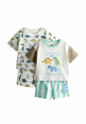 Du rinkinių kūdikių pižamų: vienas su dinozaurų atspaudais ant balto viršaus ir šortų, kitas su dryžuotais šortais ir marškinėliais su trimis dinozaurais ir užrašu.