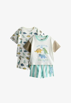 Du rinkinių kūdikių pižamų: vienas su dinozaurų atspaudais ant balto viršaus ir šortų, kitas su dryžuotais šortais ir marškinėliais su trimis dinozaurais ir užrašu.