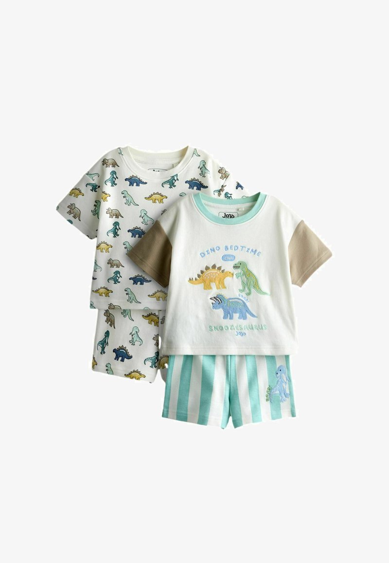 Dwa komplety piżam dla maluchów: jeden z nadrukiem dinozaurów na białej bluzce i szortach, drugi ze szortami w paski oraz koszulką z trzema dinozaurami i napisem.