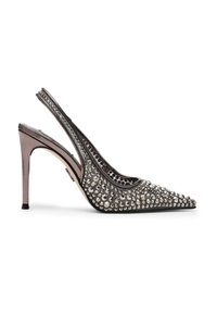 Chaussure à talon aiguille en cuir métallisé gris, ornée de strass scintillants. Design à bout pointu, surface texturée et talon fin.