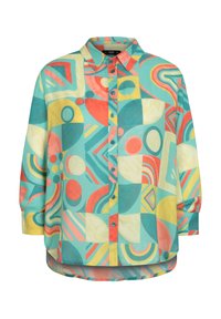 Camisa de botones colorida con patrones geométricos abstractos en turquesa, amarillo, rojo y crema, con un ajuste relajado y dobladillo curvado.