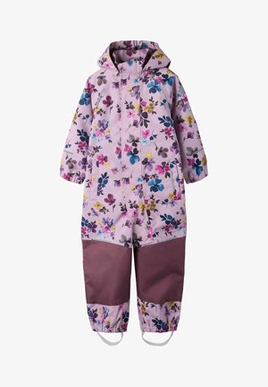 Vaikiškas vienos dalies sniego kostiumas su gaubtu, elastinėmis rankogaliais, gėlių raštu šviesiai violetinėje spalvoje ir sustiprintais keliais tamsiai mauvės spalvos.