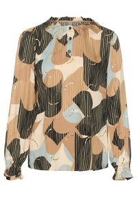 Blusa a maniche lunghe in tessuto leggero con un motivo astratto multicolore di cerchi e strisce, dotata di scollatura rotonda e dettaglio con bottoni.