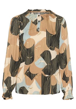 Gara piedurkņu blūze no viegla auduma ar daudzkrāsainu abstraktu apli un svītru rakstu, ar noapaļotu kakla izgriezumu un pogu detaļu.