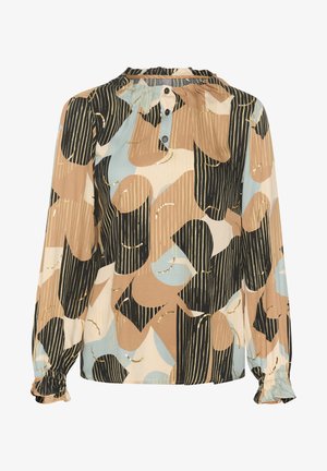 Gara piedurkņu blūze no viegla auduma ar daudzkrāsainu abstraktu apli un svītru rakstu, ar noapaļotu kakla izgriezumu un pogu detaļu.