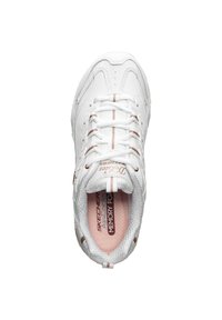 White sneaker with textured synthetic material, lace-up design, padded collar, and pink memory foam insole. Features stitched accents.