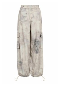 Világosszürke cargo nadrág batikolt mintával, rugalmas derékrésszel és több zsebbel, az alja mandzsettával szegve. Puha anyagból készült.