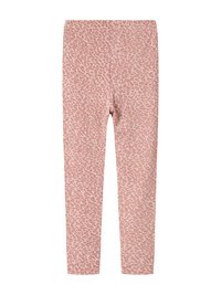 Lys rosa leggings med et subtile leopardmønster, vist flatt mot en hvit bakgrunn.