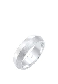 Silver ring with a polished band and a textured, brushed silver center. Features a smooth, circular shape and stamped with "925."