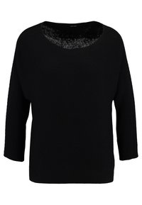 Maglione nero lavorato a maglia con scollo rotondo e maniche a tre quarti. Presenta un motivo a coste testurizzato su tutta la superficie.