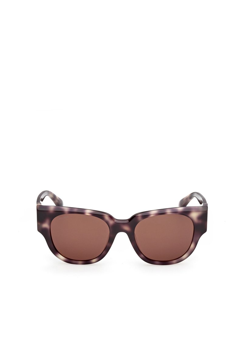 Cat-eye sunglasses with mottled dark purple and brown acetate frame, brown tinted lenses, and smooth texture. Accentuated edges and sturdy arms.