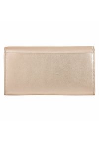Portafoglio in pelle beige con una superficie liscia, forma rettangolare e bordi cuciti. Presenta un design minimalista senza hardware o accenti visibili.