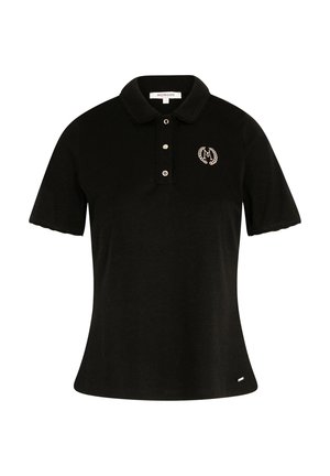 Polo noir à manches courtes avec bords festonnés, trois boutons argentés et un petit « M » blanc brodé avec une couronne de laurier sur la poitrine.