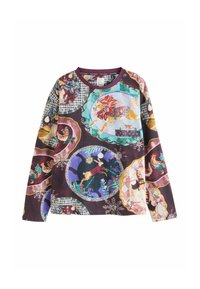 Langärmliges Shirt mit einem mehrfarbigen Tiermuster auf einem dunkelvioletten Hintergrund, mit rundem Ausschnitt und einem strukturierten Stoff.