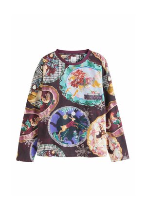 Langärmliges Shirt mit einem mehrfarbigen Tiermuster auf einem dunkelvioletten Hintergrund, mit rundem Ausschnitt und einem strukturierten Stoff.
