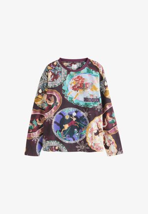 Ilgi piedurkņu krekls ar daudzkrāsu dzīvnieku rakstu uz tumši violetā fona, ar apaļu kakla izgriezumu un teksturētu audumu.