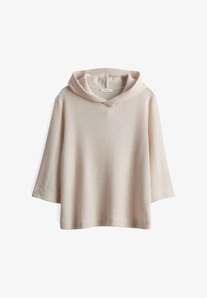 Lichtbeige hoodie met een gestructureerd breisel, driekwartmouwen en een losse pasvorm. Minimalistische stijl met een subtiele glans.