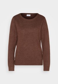 Brun stickad tröja med rundad halsringning, långa ärmar och ribbade muddar och fåll. Mjuk textur, minimalistisk design, inga synliga mönster.