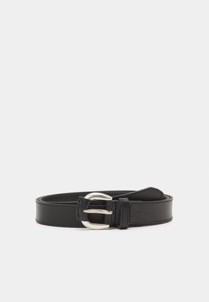 Black leather belt with a smooth texture, featuring a silver metal buckle and a classic design. Adjustable length for a secure fit.
