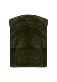 Olivgrüne Kunstfell-Weste mit einer weichen, plüschigen Textur. Sie hat runde Schultern und einen großen Ausschnitt, ohne sichtbare Verschlüsse.