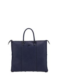 Borsa tote in pelle blu navy con due manici superiori, superficie texturizzata, chiusura zip e dettaglio logo discreto. Presenta piedini in metallo protettivi alla base.