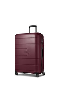 Burgundy hard-shell suitcase with four wheels, a retractable handle, side handle, and a built-in combination lock.