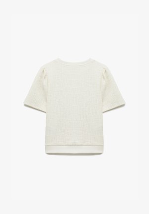 Weißes Kurzarmoberteil mit strukturiertem Muster, weichem Stoff, Rundhalsausschnitt und bequemer Passform, mit einem gerippten Saum.