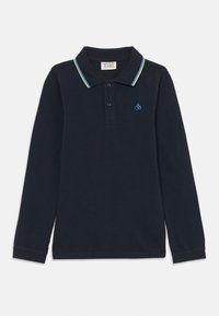 Marineblå langermet polo skjorte, laget av bomull, har en krage med gule og blå striper, tre-knappsplacket, liten blå logo på brystet.