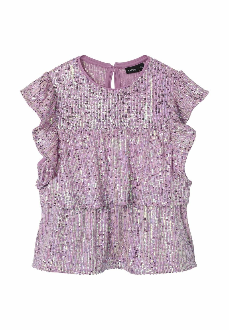 Top lilas à manches courtes avec paillettes scintillantes, manches volantées et fermeture bouton à trou au niveau de la nuque à l’arrière.