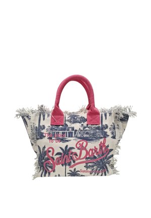 Borsa tote in tela con manici rosa, stampa di palma tropicale e edificio, e testo "The place to be Saint Barth Summer Paradise."