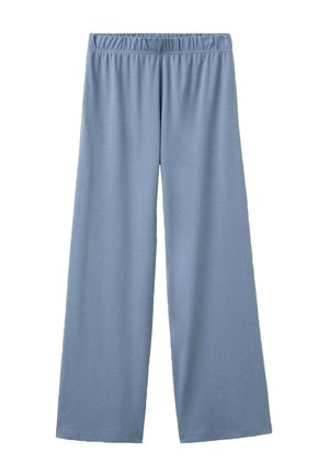 Pantalon large bleu clair en tissu doux avec une taille élastique, présentant une texture lisse et un design simple et épuré.
