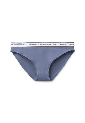 Blaue Bikini-Unterwäsche mit weißem elastischem Bund und schwarzem Text "United Colors of Benetton".