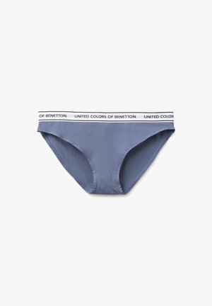 Blaue Bikini-Unterwäsche mit weißem elastischem Bund und schwarzem Text "United Colors of Benetton".