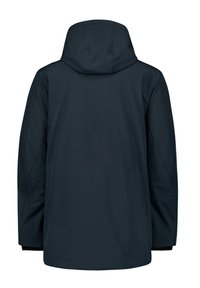 Dark navy waterproof jacket, featuring a hood, smooth texture, and a simple design with stitched seams and elastic cuffs.