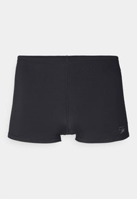 Sorte svøm shorts lavet af strækbart materiale, med en glat tekstur, kort ben design og diskret logo detalje på siden.