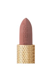 Lippenstift mit einem matten mauvefarbenen Bullet, graviertem Logo und einer goldenen geometrisch gemusterten Hülle. Glatte Textur und konische Form.