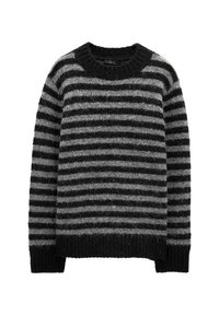 Czarny i szary sweter w paski z okrągłym dekoltem i ściągaczami na rękawach. Miękka, puszysta faktura z paskami o różnej grubości. Casualowy design.