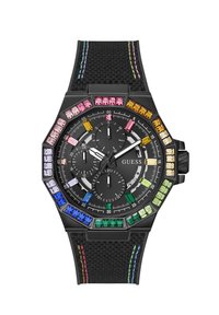 Reloj octagonal negro con cristales cuadrados de colores alrededor del bisel. Presenta una correa negra texturizada y tres subesferas en una esfera negra.