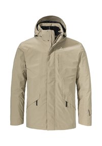 Beige wasserdichte Jacke mit Kapuze, Frontreißverschluss, zwei seitlichen Taschen und einer Brusttasche. Merkmale sind dezente Markenkennzeichnung und eine glatte Textur.