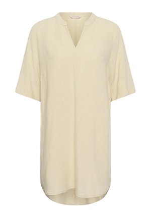 Lockere kurze beiger Tunika mit V-Ausschnitt und abgerundetem Kragen, aus leichtem Stoff gefertigt, mit leicht geschwungem Saum.