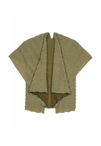 Kimono vert olive à enroulement, présentant un motif en zigzag, un extérieur texturé et une doublure intérieure lisse, avec un design à ouverture frontale.