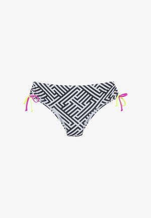 Zwart-witte bikini-broek met een geometrisch patroon. Verstelbare strikjes in roze en neon groen aan elke zij. Soepele stofstructuur.