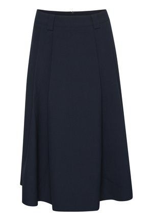 Navy pleated skirt with a smooth, textured fabric. Flared design ending below the knee, featuring a concealed zipper at the back.