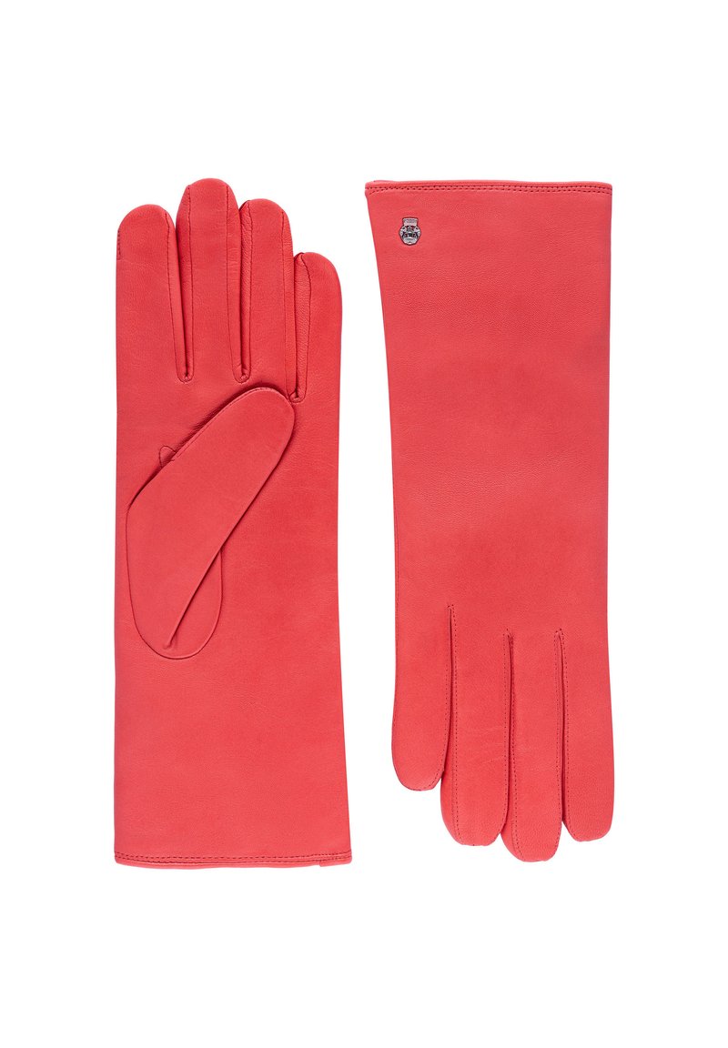 Rote Lederhandschuhe mit glatter Textur, einem schlichten Design und drei Fingerfächern, versehen mit einem kleinen Logo-Detail.