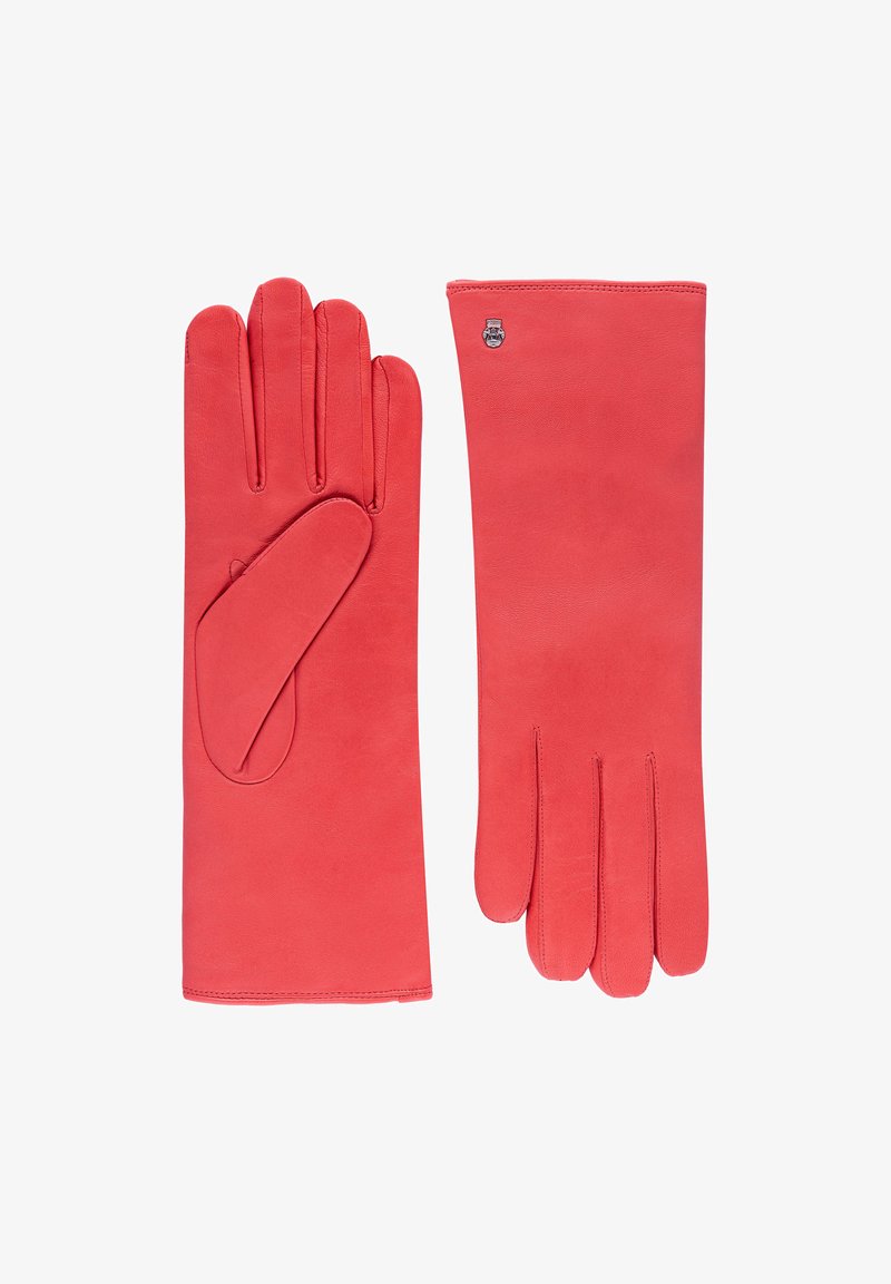 Rote Lederhandschuhe mit glatter Textur, einem schlichten Design und drei Fingerfächern, versehen mit einem kleinen Logo-Detail.