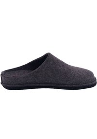 Gray felt slippers with an open back, rounded toe, and soft texture. Features a black rubber sole for enhanced grip and durability.