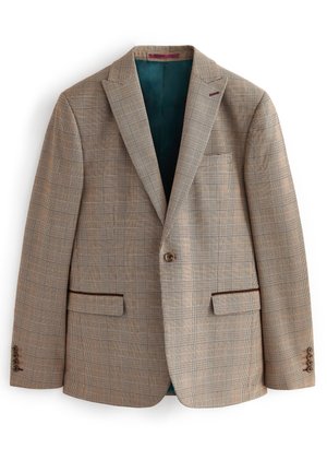 Blazer da uomo monopetto con motivo a quadri marrone e beige, rever a lancia, due tasche frontali con patta e fodera interna verde.
