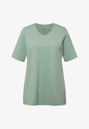 Hellgrünes T-Shirt mit kurzen Ärmeln und V-Ausschnitt aus weicher Baumwolle. Schlichtes Design mit bequemer Passform und ohne zusätzliche Muster oder Akzente.