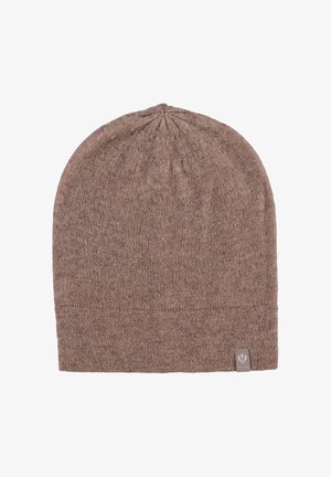 Brown knit beanie hat made of soft fabric. Features a textured design, rounded top, and a small logo tag on the side.