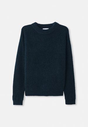 Dark navy knitted sweater with a round neck, long sleeves, and ribbed cuffs. Soft texture, lightweight design, and a relaxed fit.